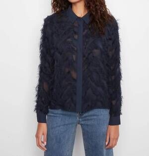 NEW CHARLIE B fringe chiffon button-front blouse in navy